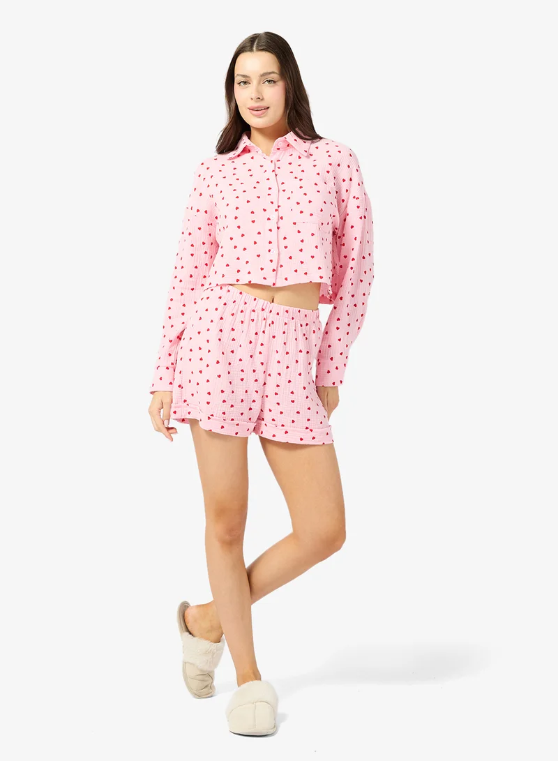 Ginger Heart Print Button Up Shirt & Short PJ Set